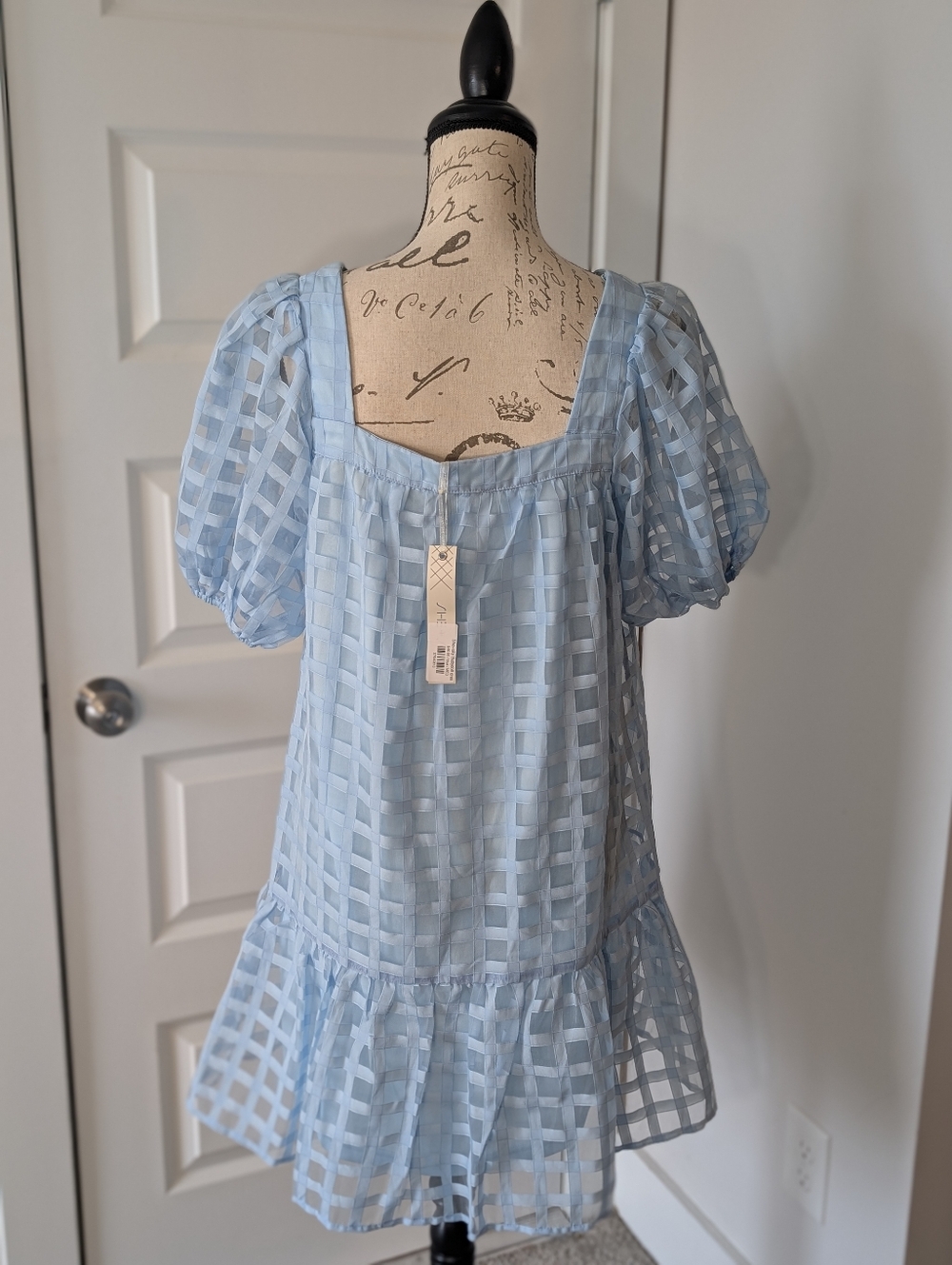 She + Sky Light Blue Sheer Puff Sleeve Dress Size Med - Picture 2 of 10